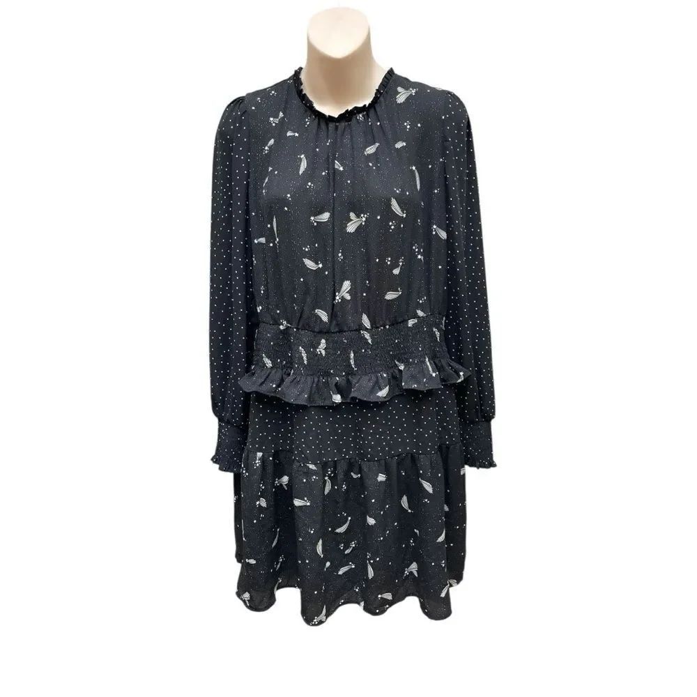 POPSUGAR Black Star Polka Dot Mini Dress Ruffle Tiered Long Sleeve Size L
